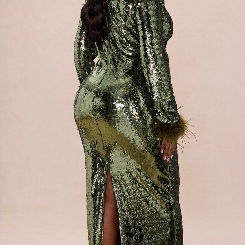 Fashion Nova feathered sequins maxi dress -Olive - Picture 5 of 7